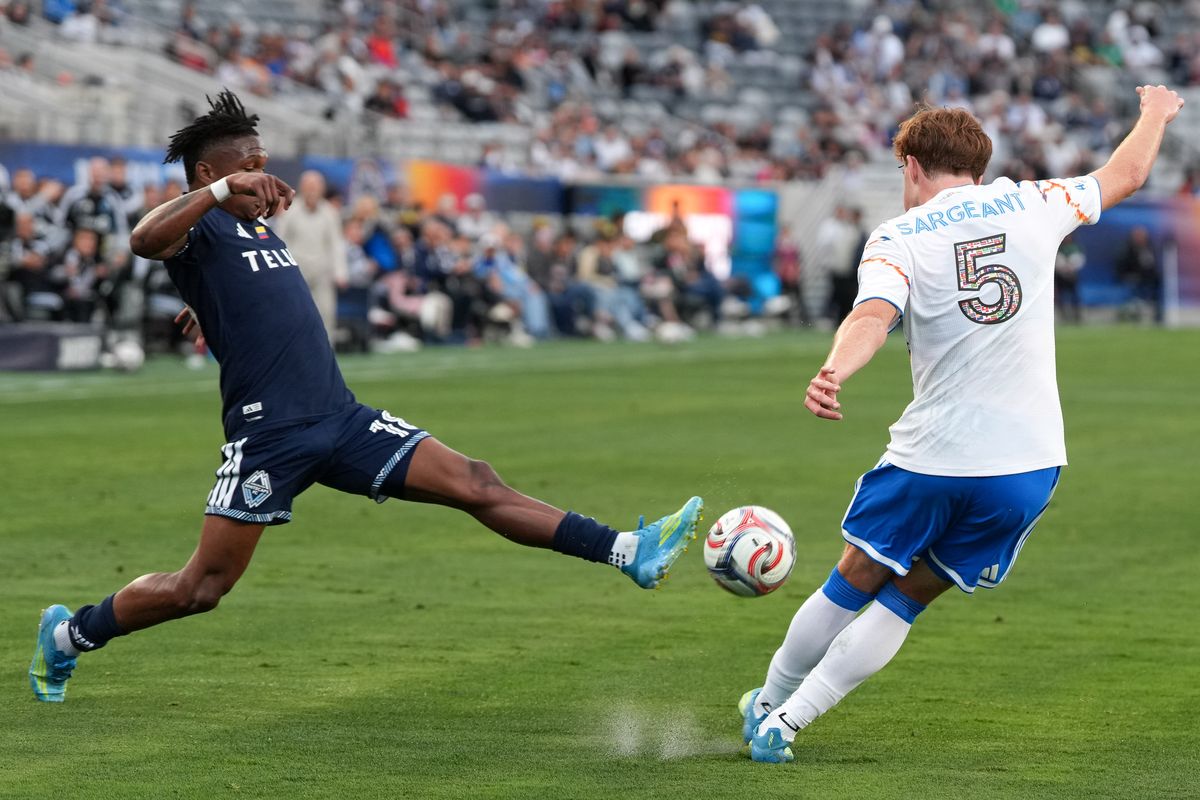 San Diego FC defender Kieran Sargeant (5) kicks the ball up field during an MLS soccer game against the Vancouver Whitecaps, Saturday May 23, 2026 in San Diego, California. San Diego FC defender Kieran Sargeant (5) kicks the ball up field during an MLS soccer game against the Vancouver Whitecaps, Saturday May 23, 2026 in San Diego, California.