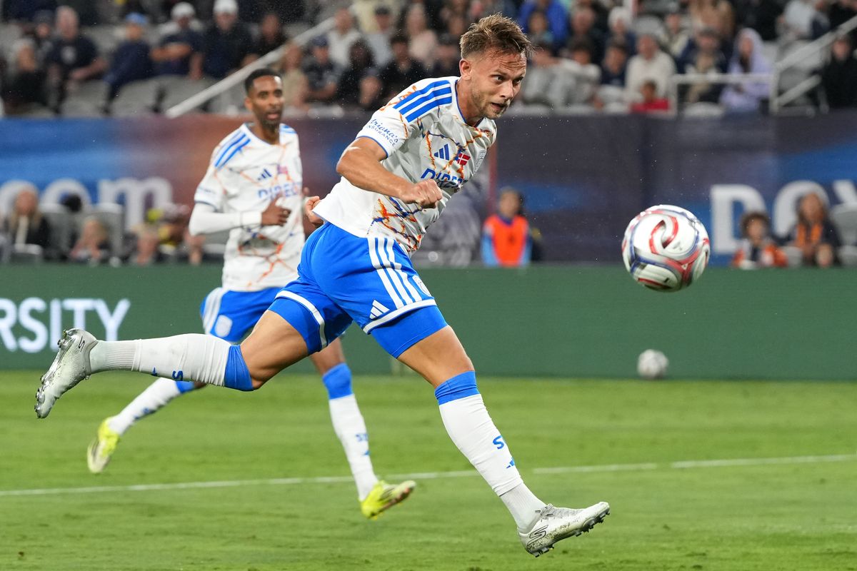 San Diego FC forward Marcus Ingvartsen (7) heads the ball towards the goal during an MLS soccer game against the Vancouver Whitecaps, Saturday May 23, 2026 in San Diego, California. San Diego FC forward Marcus Ingvartsen (7) heads the ball towards the goal during an MLS soccer game against the Vancouver Whitecaps, Saturday May 23, 2026 in San Diego, California.