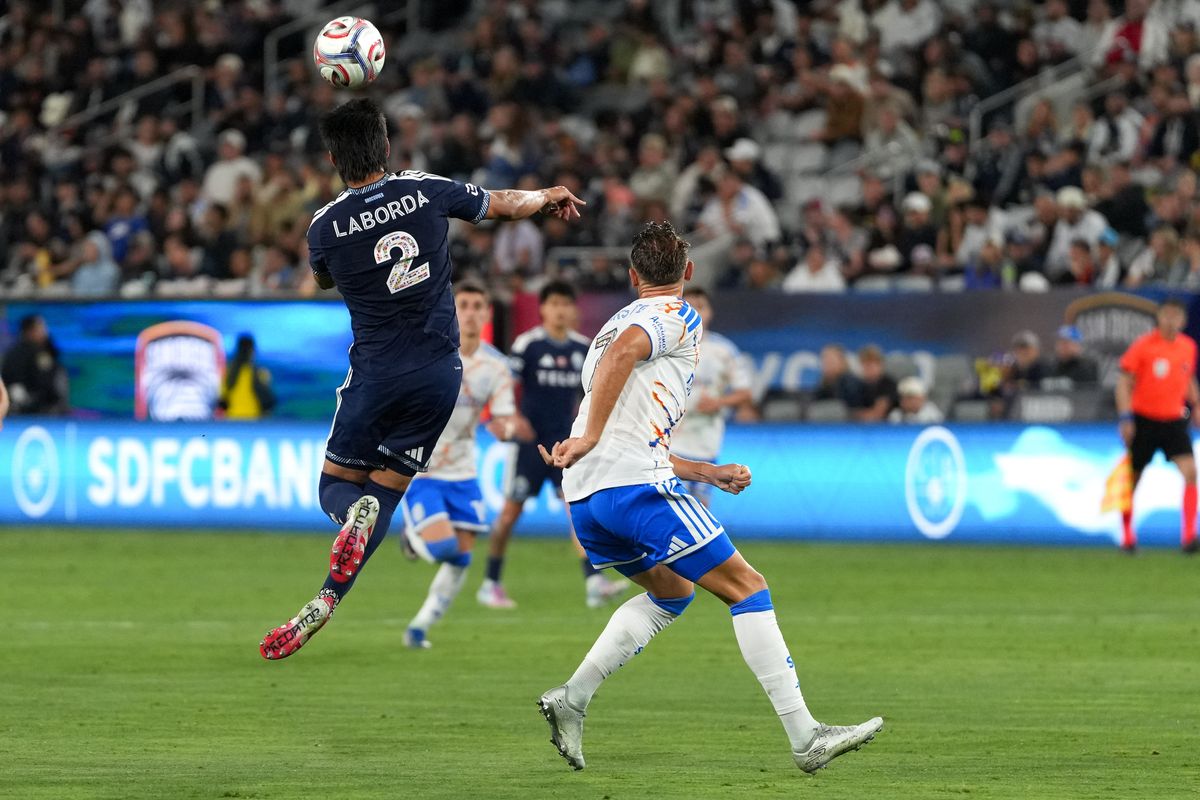 Vancouver Whitecaps defender Mathías Laborda (2) heads the ball during an MLS soccer game against the San Diego FC, Saturday May 23, 2026 in San Diego, California. Vancouver Whitecaps defender Mathías Laborda (2) heads the ball during an MLS soccer game against the San Diego FC, Saturday May 23, 2026 in San Diego, California.