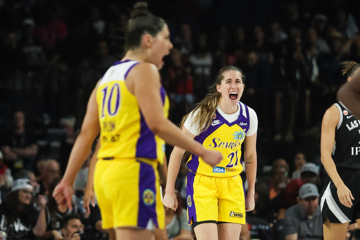 Los Angeles Sparks guard Kate Martin (20) yells in celebration during a WNBA game between the Las Vegas Aces and the Los Angeles Sparks, Saturday May 23, 2026 in Las Vegas, Nev. Los Angeles Sparks guard Kate Martin (20) yells in celebration during a WNBA game between the Las Vegas Aces and the Los Angeles Sparks, Saturday May 23, 2026 in Las Vegas, Nev.
