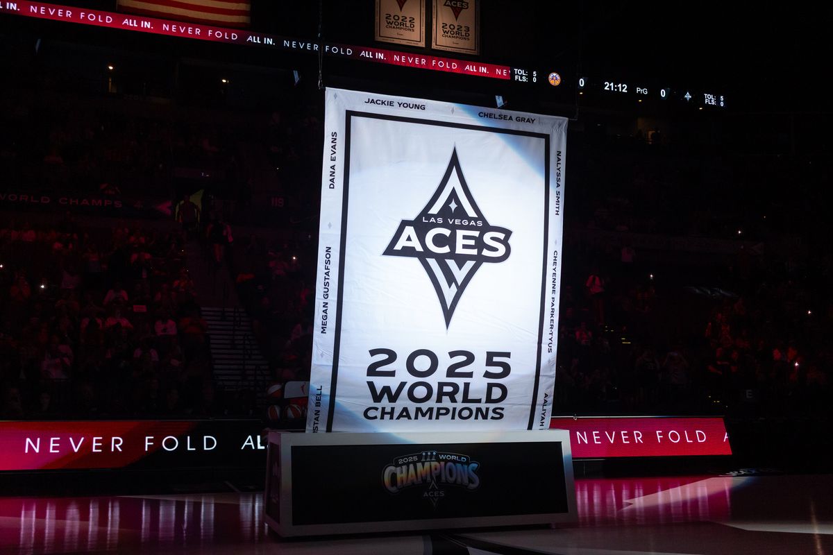 Las Vegas Aces 2025 Championship banner is raised before a WNBA game between the Las Vegas Aces and the Los Angeles Sparks, Saturday May 23, 2026 in Las Vegas, Nev. Las Vegas Aces 2025 Championship banner is raised before a WNBA game between the Las Vegas Aces and the Los Angeles Sparks, Saturday May 23, 2026 in Las Vegas, Nev.