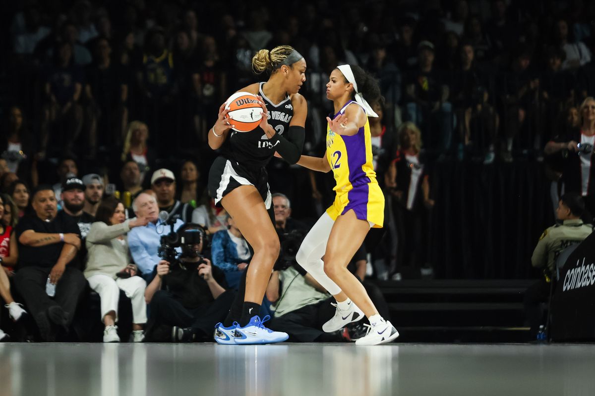 Las Vegas Aces forward A’ja Wilson (22) looks to make a move towards the basket during a WNBA game between the Las Vegas Aces and the Los Angeles Sparks, Saturday May 23, 2026 in Las Vegas, Nev. Las Vegas Aces forward A’ja Wilson (22) looks to make a move towards the basket during a WNBA game between the Las Vegas Aces and the Los Angeles Sparks, Saturday May 23, 2026 in Las Vegas, Nev.