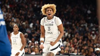 NaLyssa Smith boosts MIP case with third double-double in five games taken at Michelob ULTRA Arena (Las Vegas Aces). Photo by RJ Forbus - The Sporting Tribune