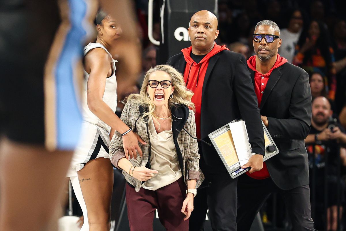 Las Vegas Aces head coach Becky Hammon yells at the referee prior to being ejected during a WNBA game against the Atlanta Dream on Tuesday, August 18, 2026, at Michelob ULTRA Arena in Las Vegas, Nevada. Las Vegas Aces head coach Becky Hammon yells at the referee prior to being ejected during a WNBA game against the Atlanta Dream on Tuesday, August 18, 2026, at Michelob ULTRA Arena in Las Vegas, Nevada.