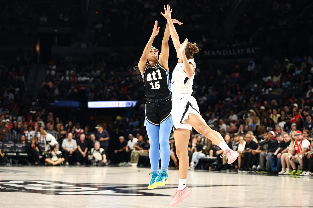 Atlanta Dream forward Angel Reese (5) floats a shot in past Las Vegas Aces center A'ja Wilson (22) during a WNBA game on Tuesday, August 18, 2026, at Michelob ULTRA Arena in Las Vegas, Nevada. Atlanta Dream forward Angel Reese (5) floats a shot in past Las Vegas Aces center A'ja Wilson (22) during a WNBA game on Tuesday, August 18, 2026, at Michelob ULTRA Arena in Las Vegas, Nevada.