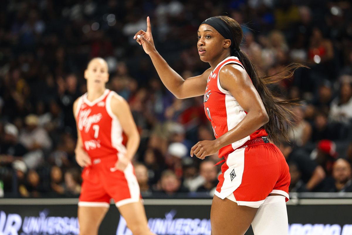Las Vegas Aces guard Jackie Young (0) reacts after scoring a basket against the Connecticut Sun on Thursday, August 20, 2026, at Michelob ULTRA Arena in Las Vegas, Nevada. Las Vegas Aces guard Jackie Young (0) reacts after scoring a basket against the Connecticut Sun on Thursday, August 20, 2026, at Michelob ULTRA Arena in Las Vegas, Nevada.