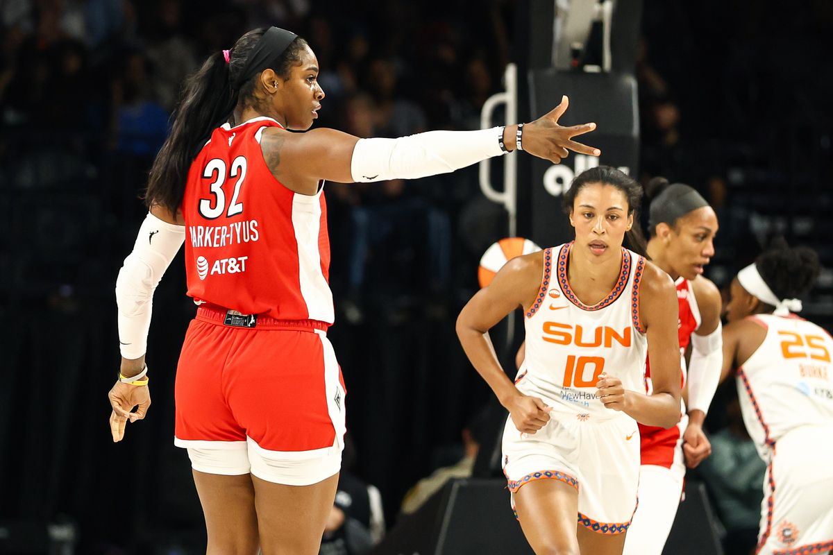 Las Vegas Aces forward Cheyenne Parker-Tyus (32) reacts after she scored a three-point basket against the Connecticut Sun on Thursday, August 20, 2026, at Michelob ULTRA Arena in Las Vegas, Nevada. Las Vegas Aces forward Cheyenne Parker-Tyus (32) reacts after she scored a three-point basket against the Connecticut Sun on Thursday, August 20, 2026, at Michelob ULTRA Arena in Las Vegas, Nevada.