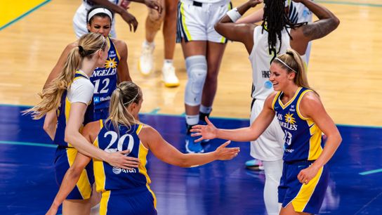 Guard Rae Burrell #12 of the Los Angeles Sparks, forward Cameron Brink #22 of the Los Angeles Sparks, guard Julie Allemand #20 of the Los Angeles Sparks and guard Sarah Ashlee Barker #13 of the Los Angeles Sparks celebrate a basket during a WNBA game against the Dallas Wings at Crypto.com Arena on September 7, 2025 in Los Angeles, California.