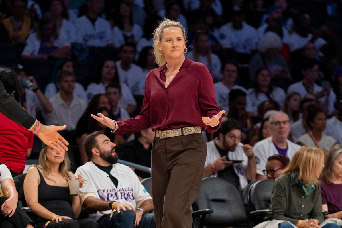 Los Angeles Sparks coach Lynne Roberts is looking for answers after giving up a bucket during a WNBA game against the Atlanta Dream, Thursday August 20th, 2026 in Los Angeles, California. Los Angeles Sparks coach Lynne Roberts is looking for answers after giving up a bucket during a WNBA game against the Atlanta Dream, Thursday August 20th, 2026 in Los Angeles, California.